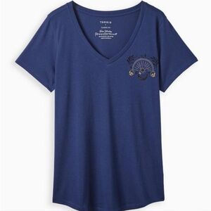 Embroidered girlfriend v neck tee- signature jersey blue